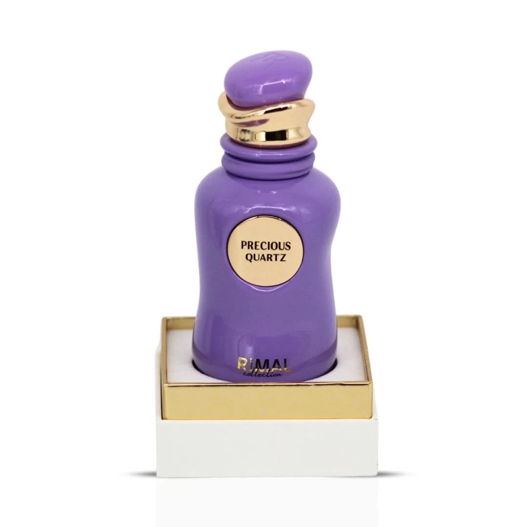 Precious Quartz Eau de Parfum spray bottle by Rimal Collection, 100ml, with elegant packaging and clear glass design.