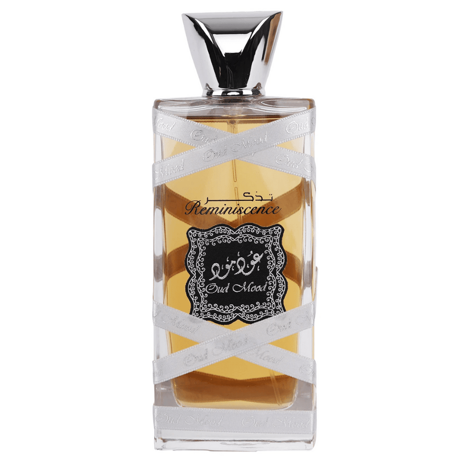 Lattafa Oud Mood Reminiscence Eau De Parfum 100ML bottle with elegant packaging and fragrance details.