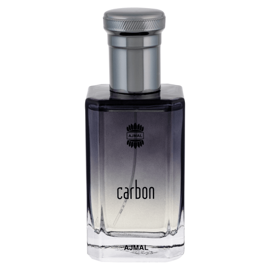 Ajmal Carbon for Men EDP, 100ml bottle, sleek black packaging with silver accents, showcasing the men's Eau De Parfum scent.