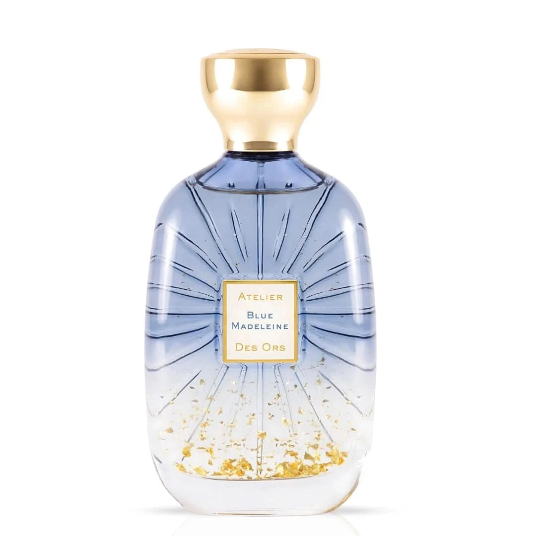 Blue Madeleine Eau de Parfum spray by Atelier Des Ores in a sleek blue bottle, 100ml, with elegant design and floral accents.