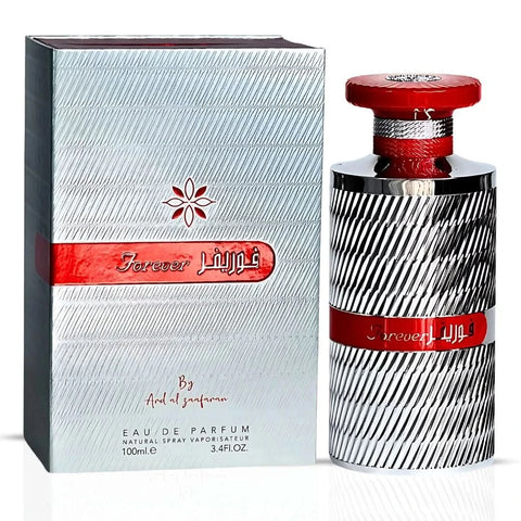 Bundle of Ard Al Zaafaran Fidetak Ya Roohi Pink, Eftinaan & Forever Silver Eau de Parfum sprays 100ml bottles in a colorful display.