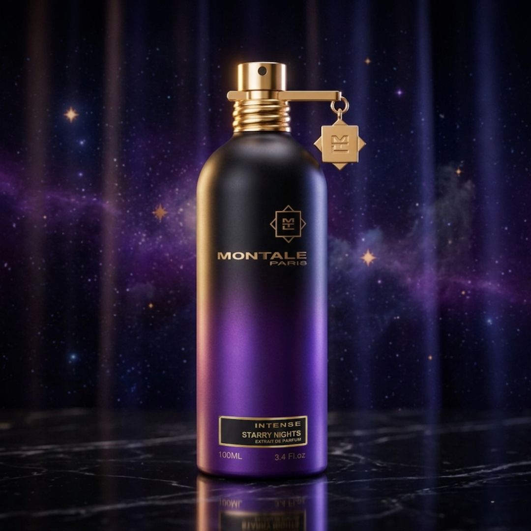 Montale Intense Starry Nights Extrait de Parfum spray bottle, 100ml, sleek design, elegant black cap, luxurious fragrance packaging