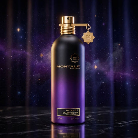 Montale Intense Starry Nights Extrait de Parfum spray bottle, 100ml, sleek design, elegant black cap, luxurious fragrance packaging