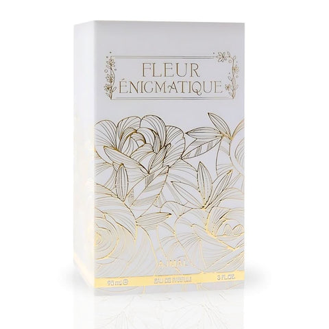 Ajmal Fleur Énigmatique EDP spray 90ML, showcasing the luxurious perfume bottle with elegant design and floral accents.