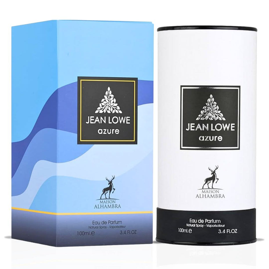 Maison Alhambra Jean Lowe Azure Eau de Parfum spray 100ml bottle with elegant design and branding visible.