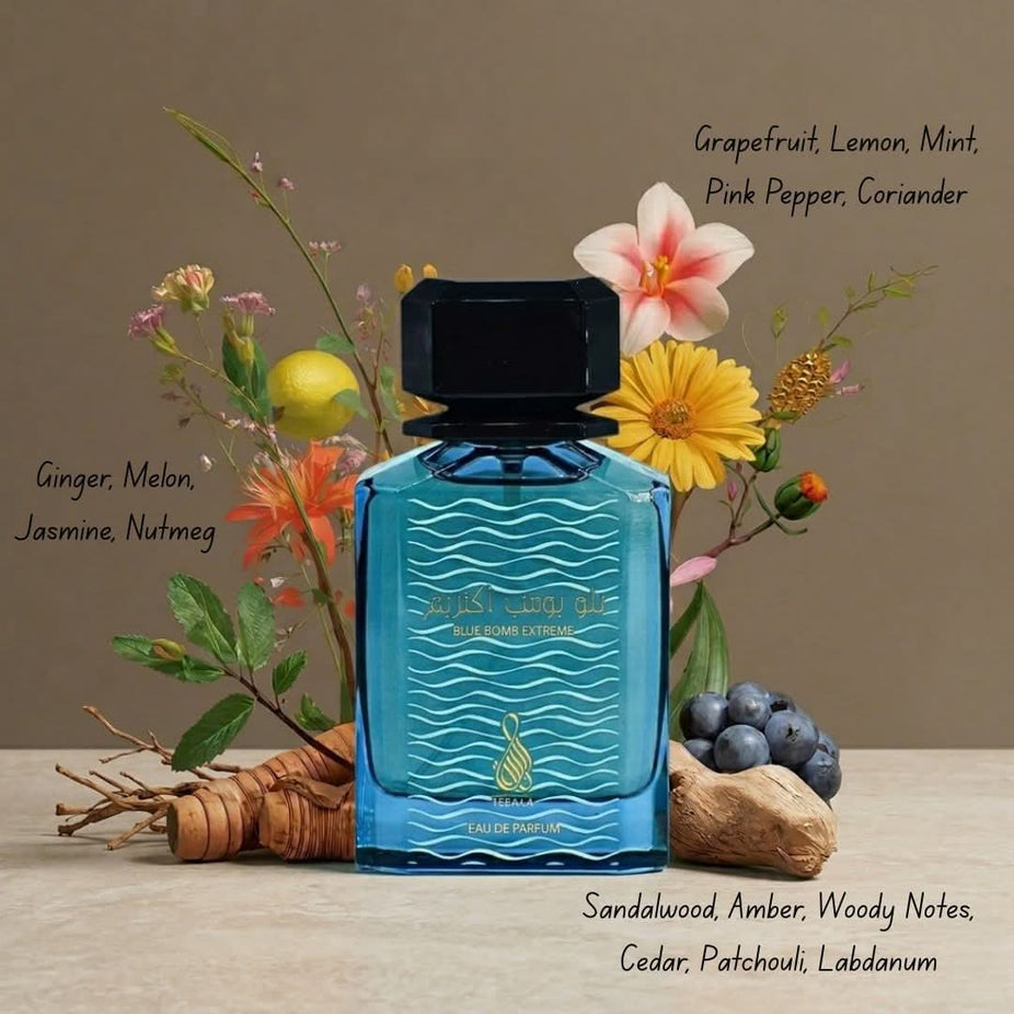 Blue Bomb Extreme Eau de Parfum Spray by RISALA in a velvet pouch, 100ml, with a sleek blue bottle and elegant design.
