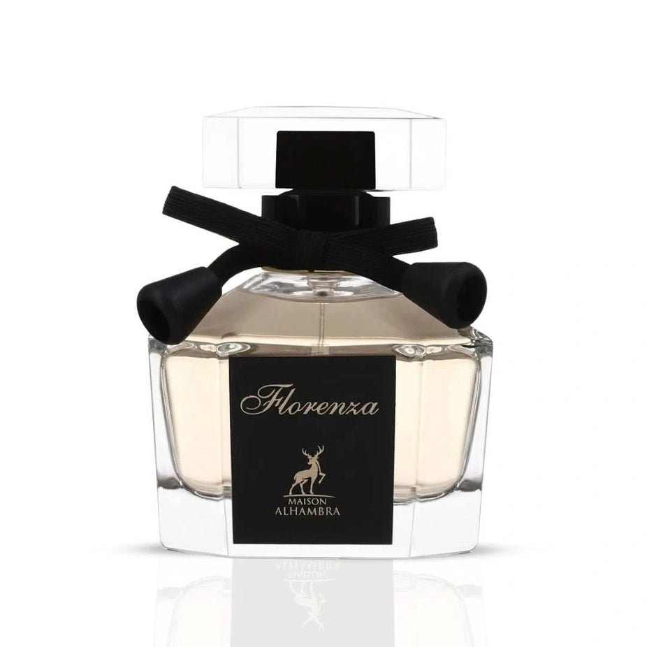 Maison Alhambra Florenza Eau de Parfum Spray 100ml, elegant perfume bottle with floral design and silver accents.