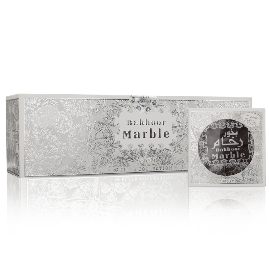 Bakhoor Marble 30 GMS by Nabeel Perfumes, aromatic incense block with marble design for home fragrance.