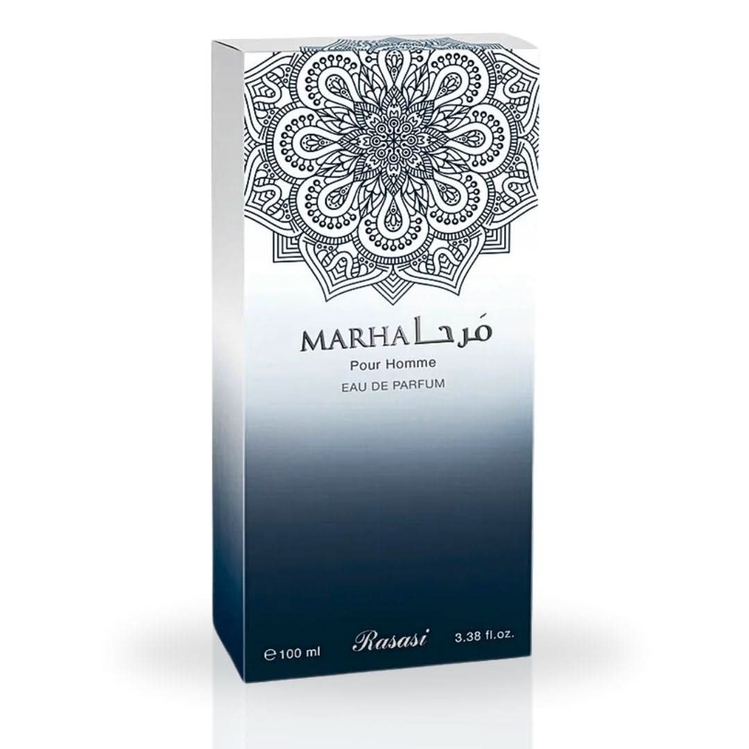Rasasi Marha Pour Homme EDP spray 100ML with warm floral, masculine scent, long-lasting aromatic Eau De Parfum bottle.