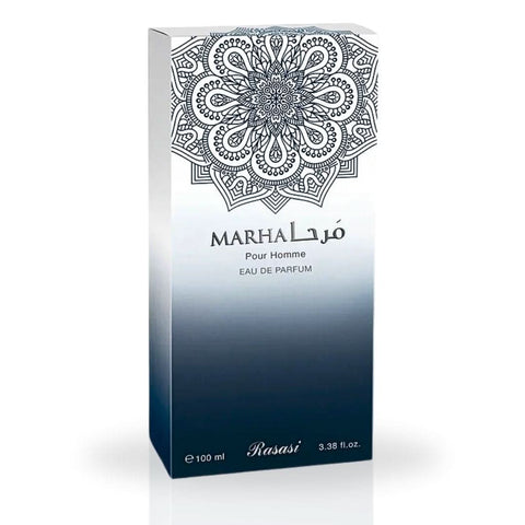Rasasi Marha Pour Homme EDP spray 100ML with warm floral, masculine scent, long-lasting aromatic Eau De Parfum bottle.