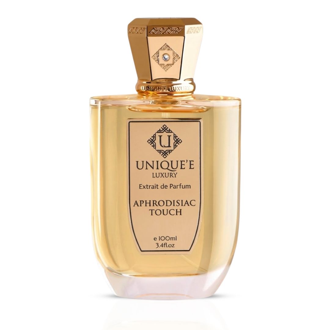 Aphrodisiac Touch Extrait de Parfum 100ml by Unique'e Luxury, elegant perfume bottle with a sleek design and luxurious packaging.