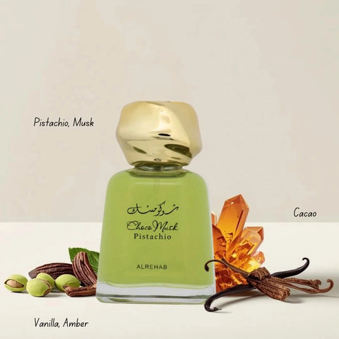 Al Rehab Choco Musk Pistachio and Marshmallow Eau de Parfum bundle with two 100ml spray bottles, showcasing elegant packaging.