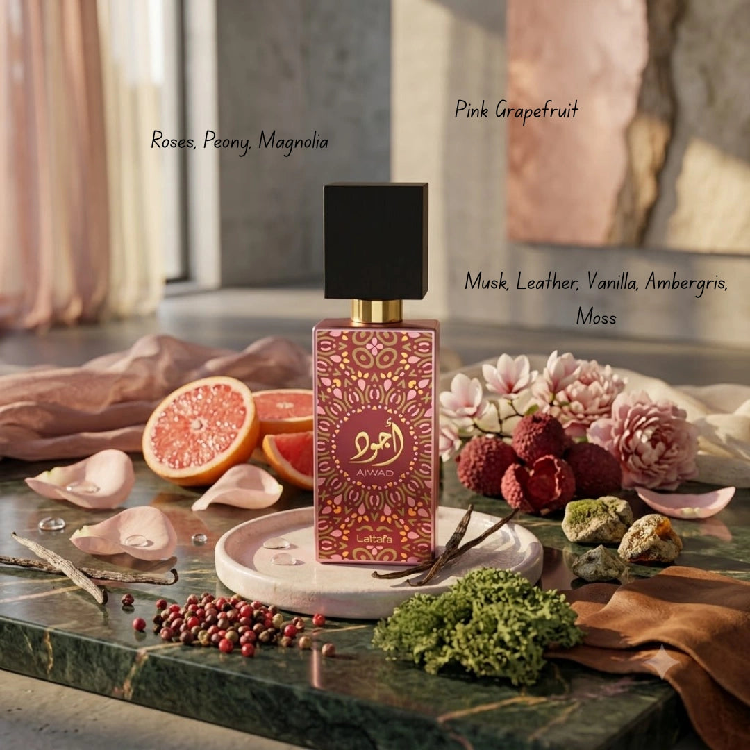 Bundle of Intense Oud Rua Radiant Roses Eau de Parfum 100ml and Ajwad Pink to Pink EDP 60ml, featuring floral and pink fragrance notes.