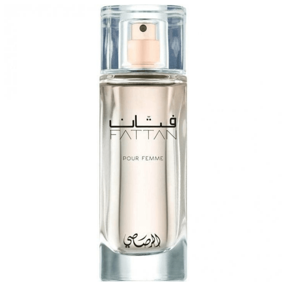 Fattan for Women Rasasi Eau de Parfum 50ml bottle with elegant floral design and black cap.