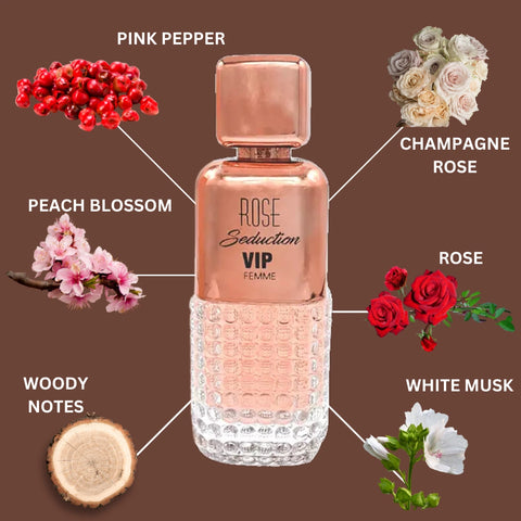 Bundle of Intense Oud Rose Seduction VIP Pour Femme and Rua Radiant Roses Eau de Parfum sprays, 100ml, featuring floral and seductive fragrances.