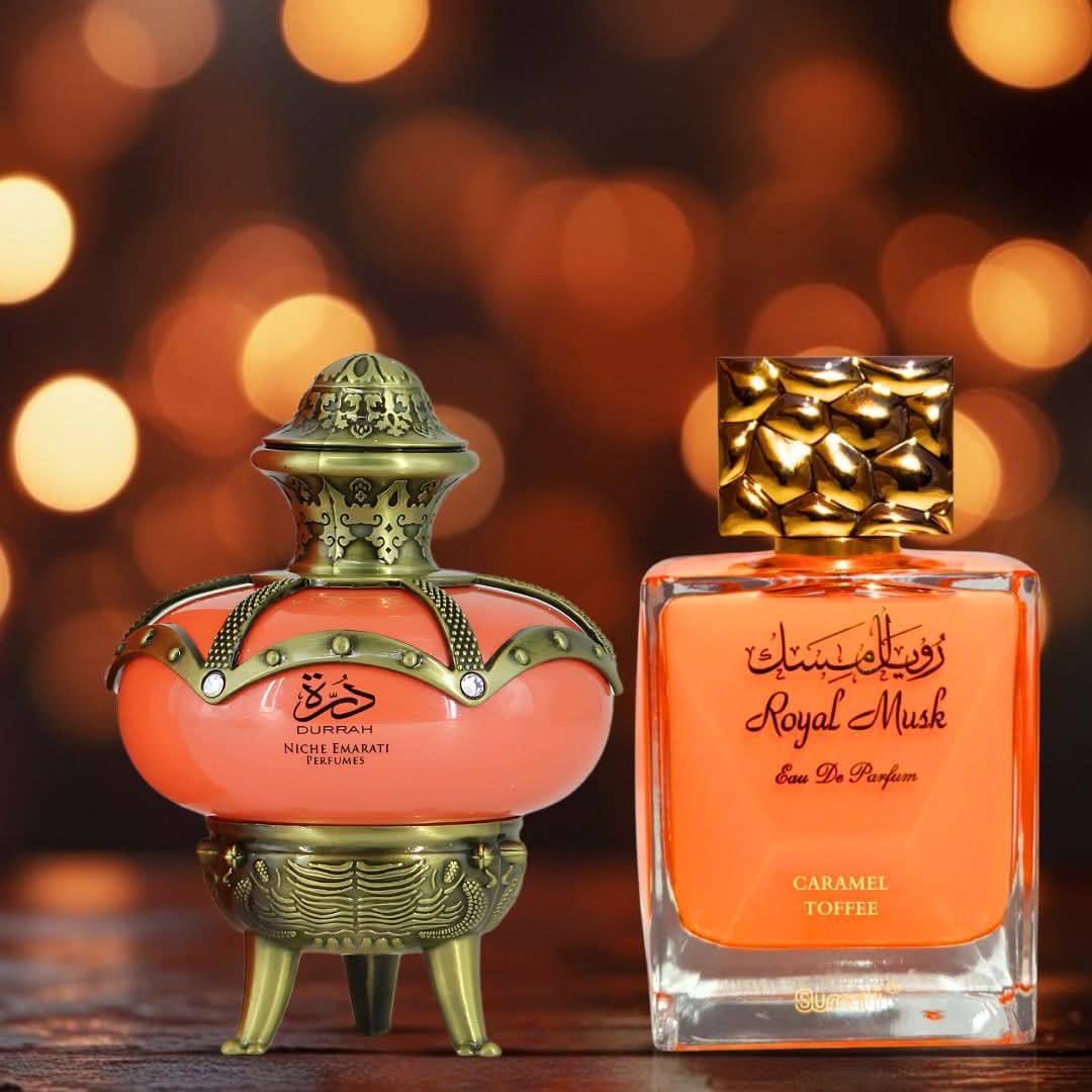 Bundle of 100ml Lattafa Niche Emarati Durrah and Surrati Royal Musk Lychee Rose Eau De Parfum sprays, featuring floral and musky scents.