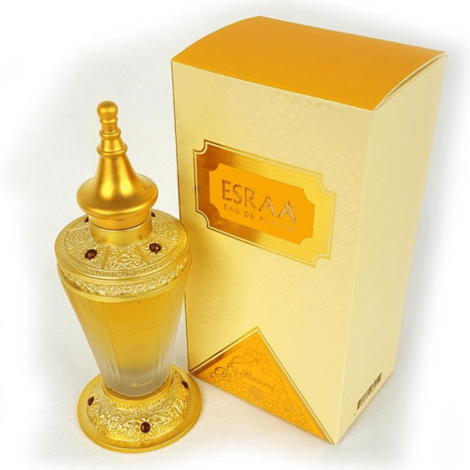 Esraa for Women Eau De Parfum by Rasasi, 60ml bottle, elegant perfume with floral and fruity notes, in a stylish display.