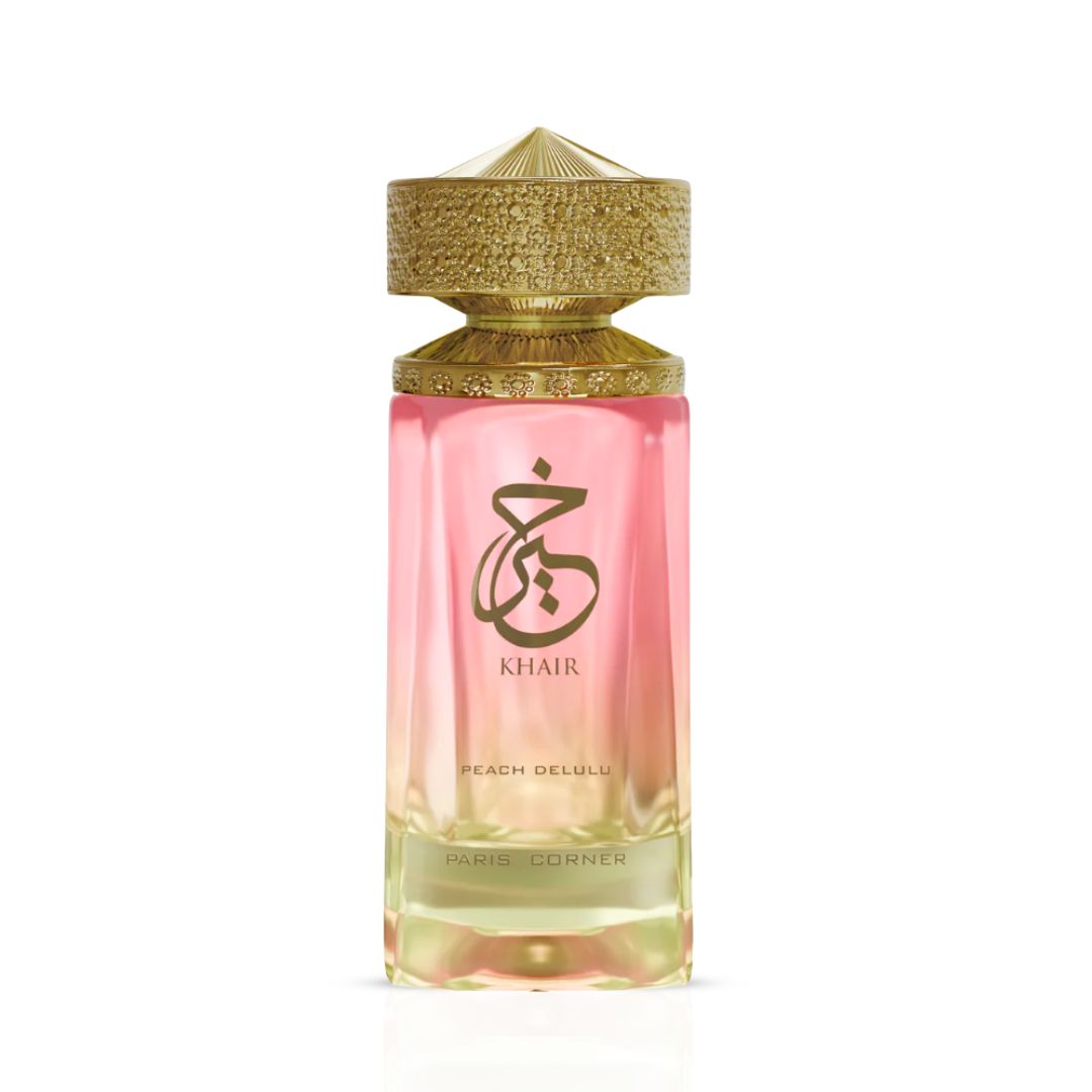 Khair Peach Delulu Eau de Parfum Spray by Paris Corner, 100ml, featuring a sleek glass bottle with a peach-colored liquid and elegant cap.