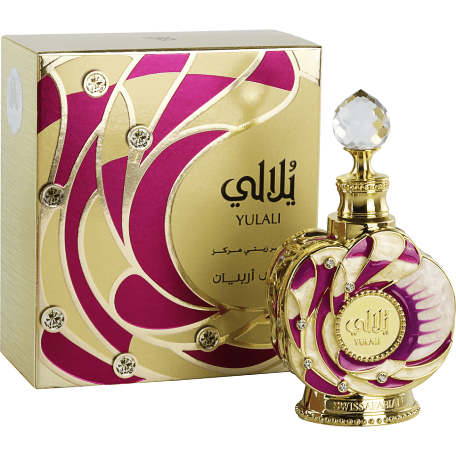 Swiss Arabian Yulali for Women perfume oil in a 15ml bottle, showcasing the sleek glass container and elegant packaging.