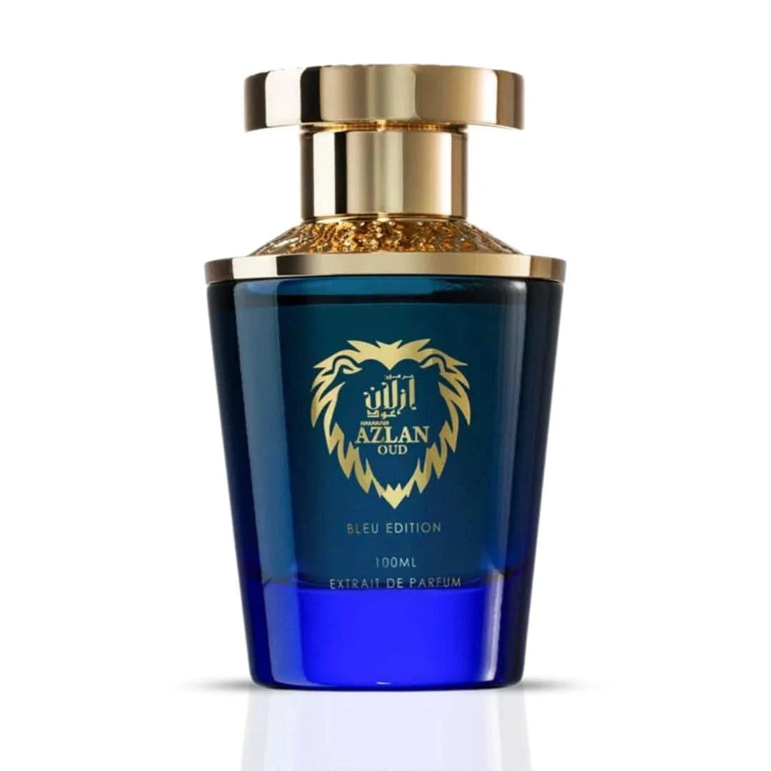 Al Haramain Azlan Oud Bleu Edition Extrait de Parfum spray bottle, 100ml, featuring elegant packaging and a sleek design.