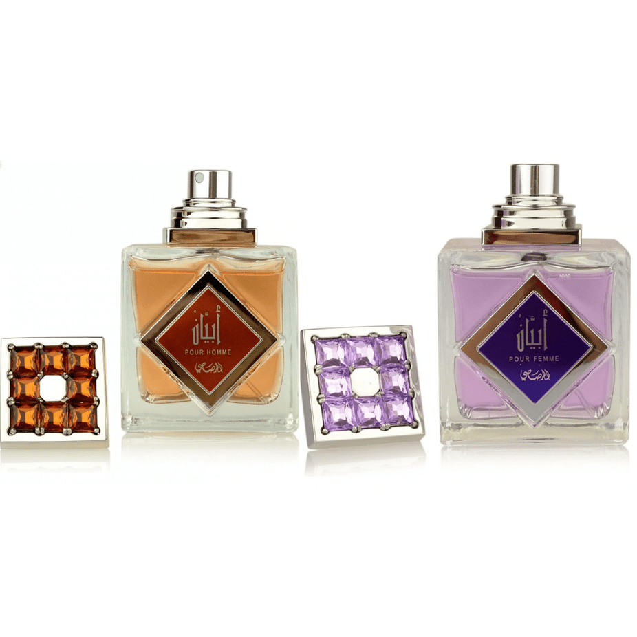 A bundle of Abyan EDP by Rasasi for men and women, 100ml bottles, featuring elegant fragrance packaging.
