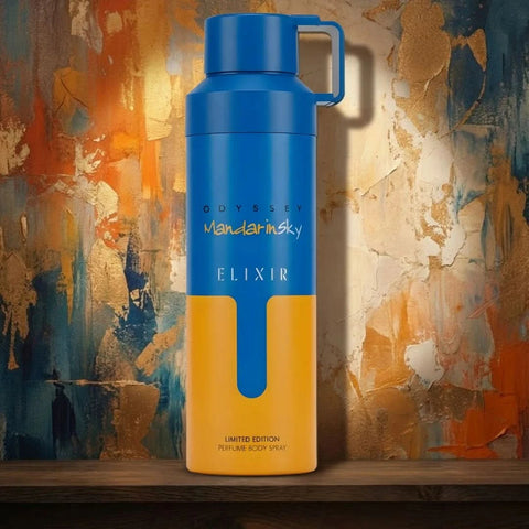 Odyssey Mandarin Sky Elixir deodorant spray by Armaf, 200ml, featuring a sleek silver bottle with a spray nozzle.