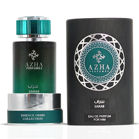 Sarab For Him Eau de Parfum spray by Azha, featuring a sleek 100ml bottle with elegant design and branding.