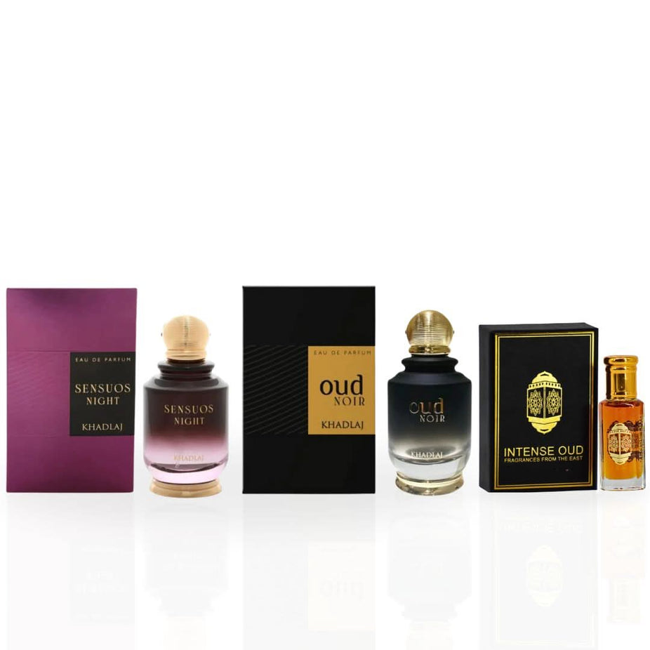 Intense Oud Sensuos Night Oud Noir perfume gift set with 100ml spray and 12ml perfume oil in a magnetic gift box.