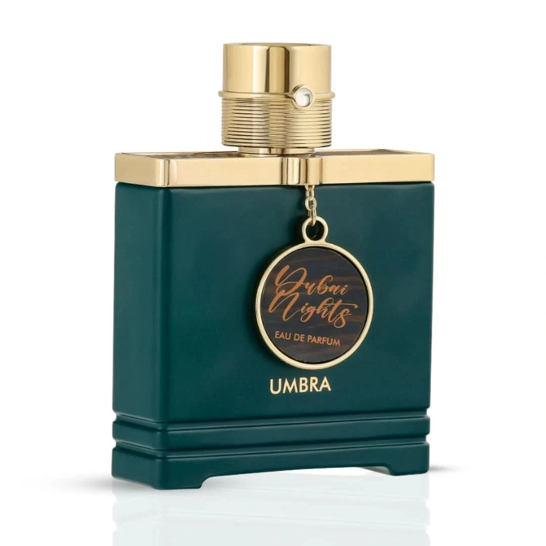 Armaf Dubai Nights Umbra Eau de Parfum spray bottle, 100ml, with sleek black and gold design, showcasing the perfume packaging.