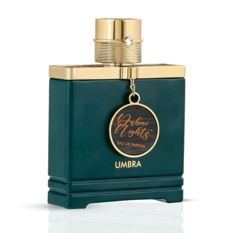 Armaf Dubai Nights Umbra Eau de Parfum spray bottle, 100ml, with sleek black and gold design, showcasing the perfume packaging.