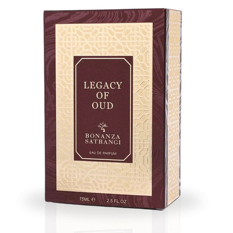 Bonanza Satrangi Legacy of Oud Eau de Parfum spray bottle, 75ml, with elegant packaging and dark amber-colored liquid.