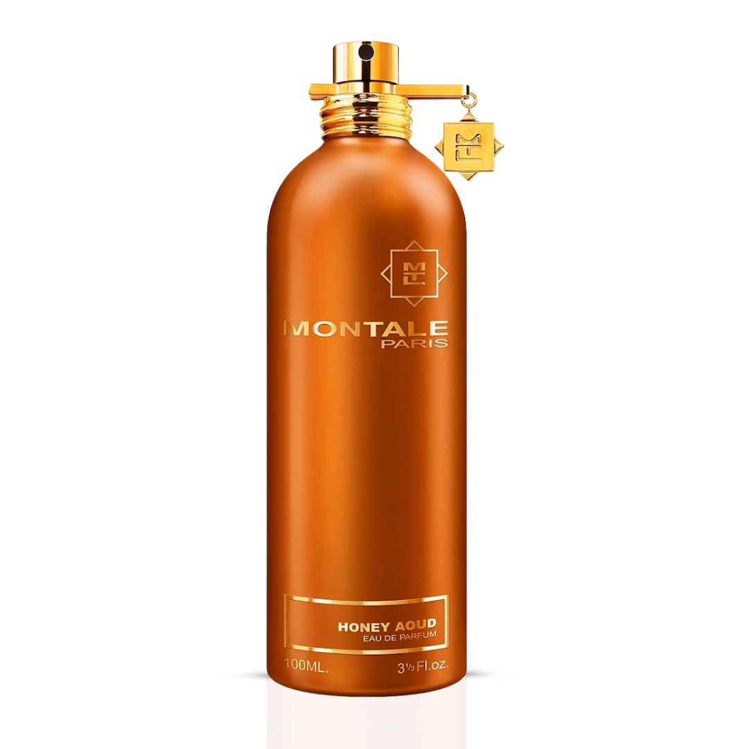 Montale Honey Aoud Eau de Parfum spray bottle, 100ml, featuring a sleek design and glossy finish.