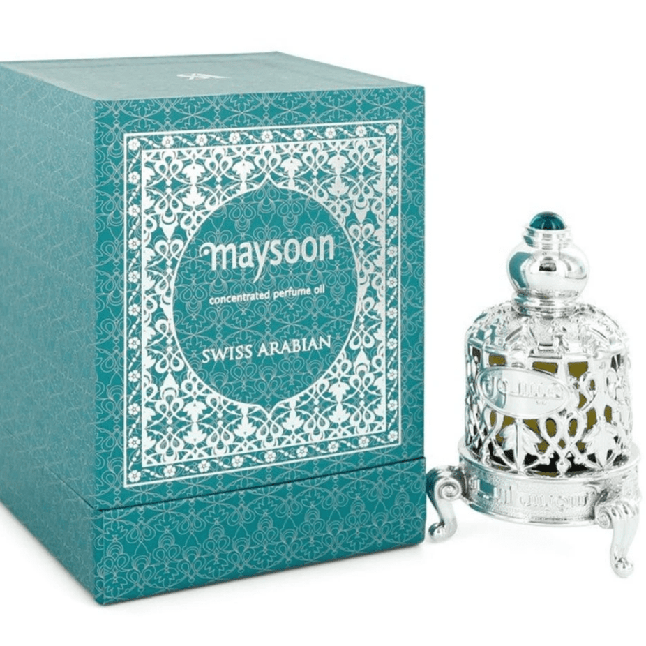 Swiss Arabian Maysoon Perfume Oil bottle, 15 ML, in a clear glass container with a silver cap, showcasing the concentrated perfume oil.