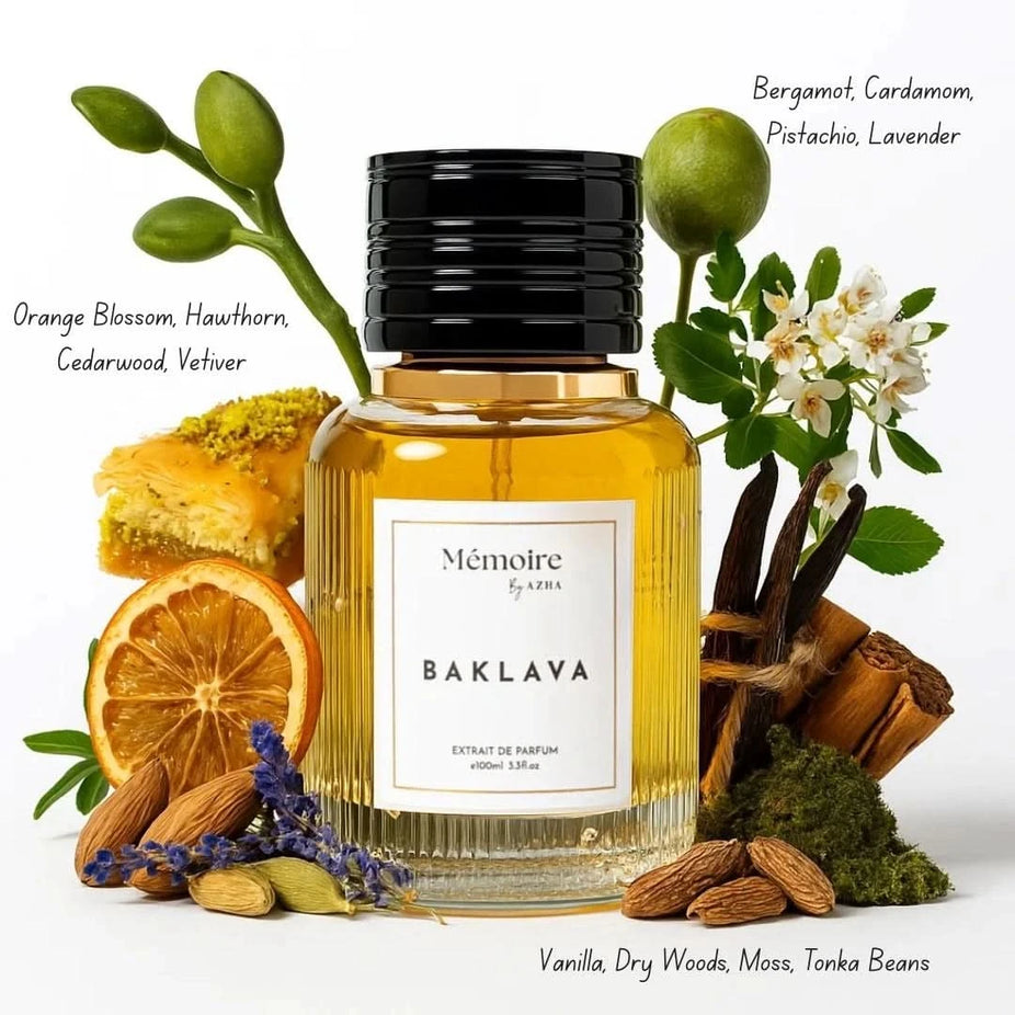 AZHA fall bundle featuring Raghad Eau de Parfum spray, Baklava Extrait de Parfum spray, and Intense Oud loose oil in 12ml bottles