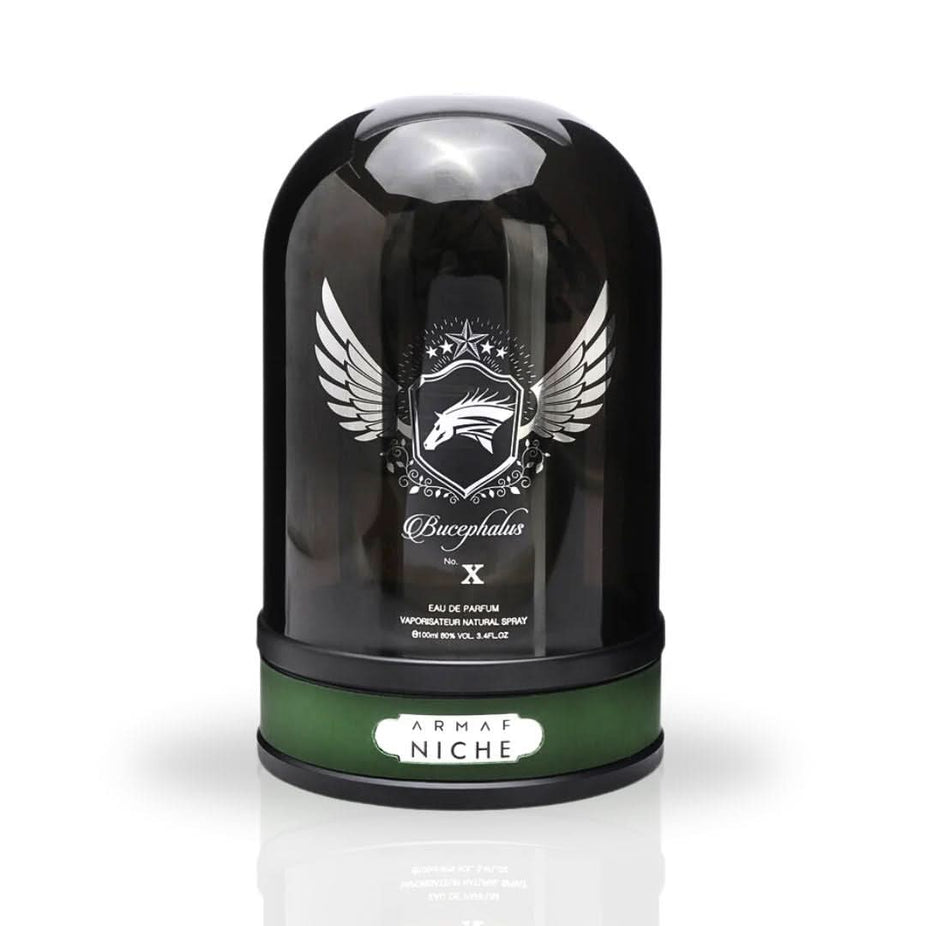 Armaf Bucephalus X Eau De Parfum spray bottle, 100ml, featuring a sleek design for luxurious, long-lasting unisex fragrance.