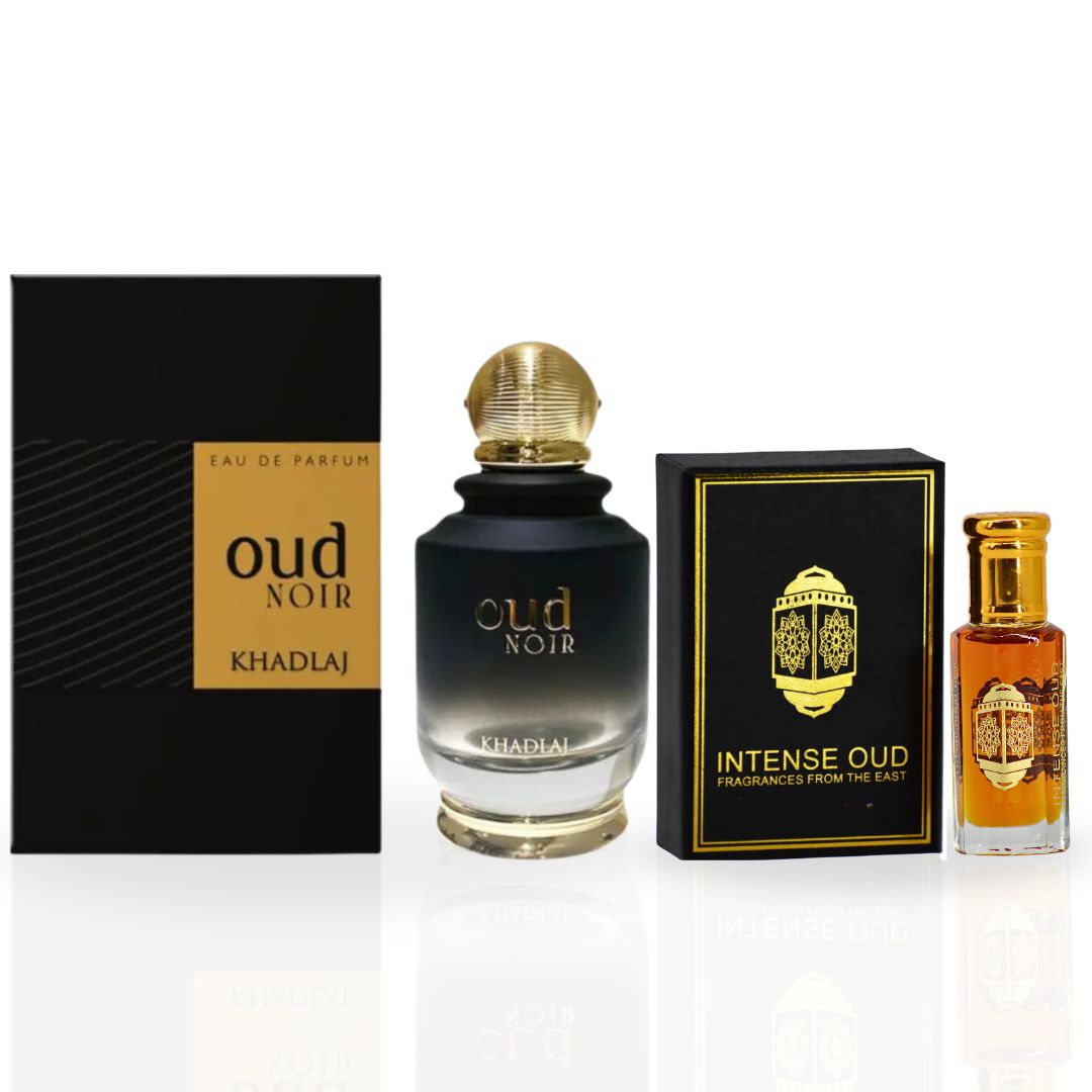 Oud Noir EDP Spray 100ML (3.4OZ) By Khadlaj & Nouf Perfume Oil 12ML (0.4 OZ) By Intense Oud With Magnetic Gift Box | Exude Sophistication With Every Spray. - Intense Oud