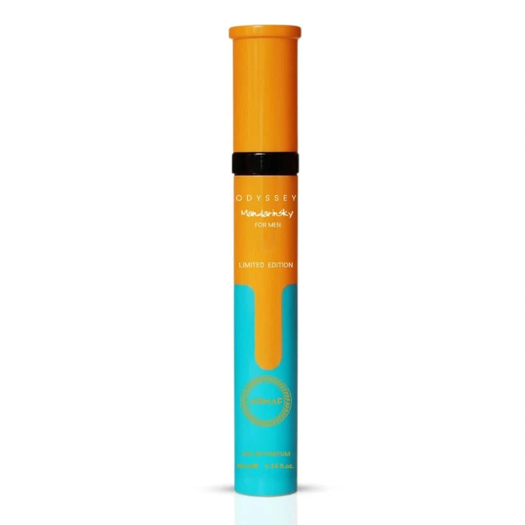Odyssey Mandarin Sky Eau de Parfum spray by Armaf, 10ml bottle with sleek packaging and a Mandarin citrus scent.