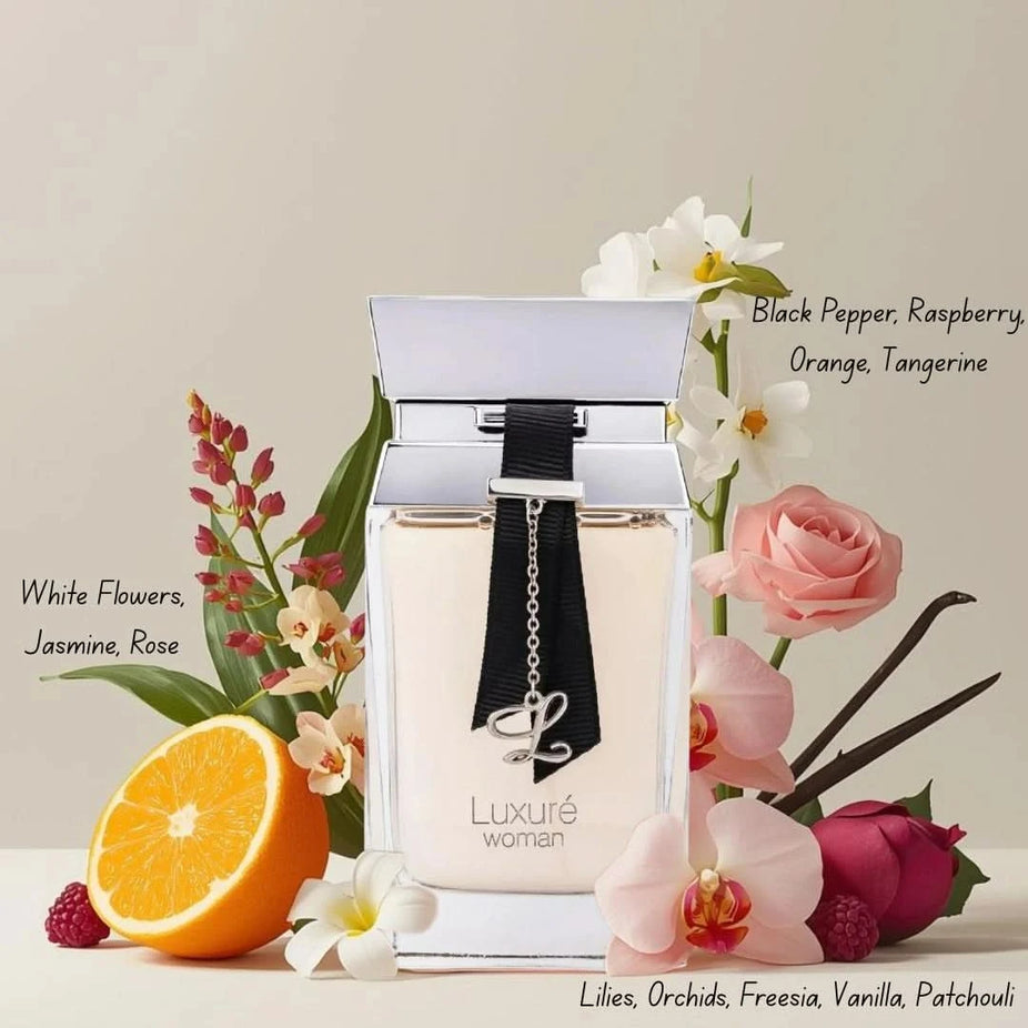 Bundle of three 100ml Intense Oud Eau de Parfum sprays including Luxure Woman by Rave, Manaal by Ard Al Zaafaran, and Ghalya by Hamidi