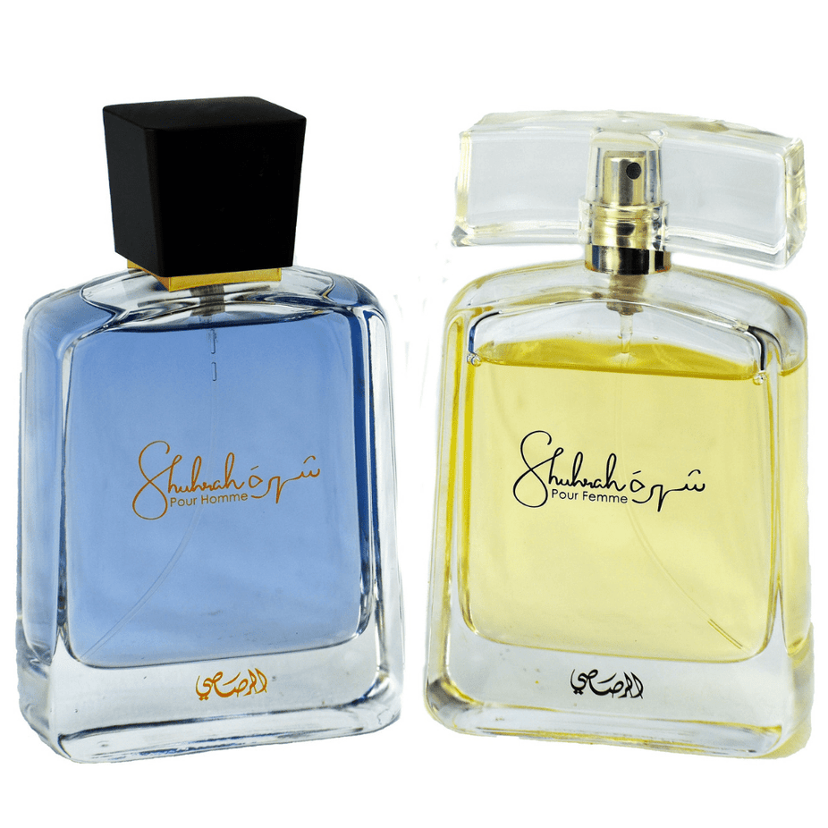 Rasasi Shuhrah Men & Women EDP bundle with three 90ml perfume bottles, showcasing elegant packaging and fragrance design.