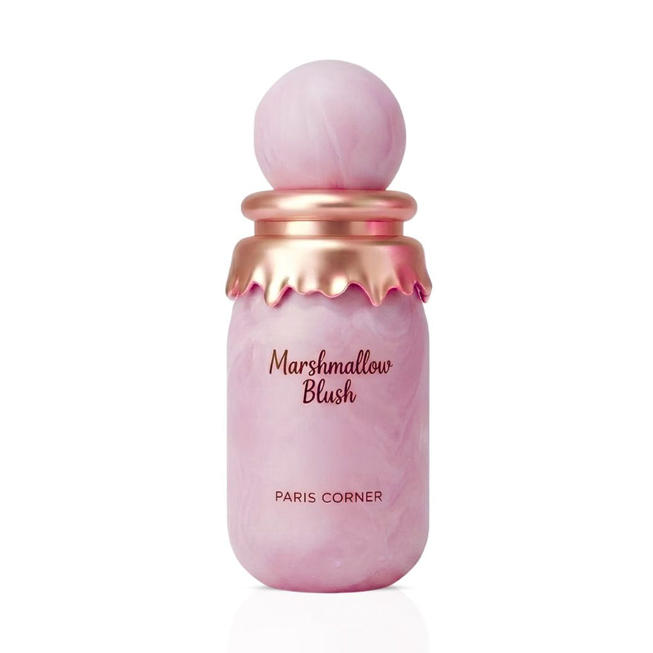 Paris Corner Marshmallow Blush Eau de Parfum spray 50ml bottle with pink and white floral design, elegant perfume packaging.