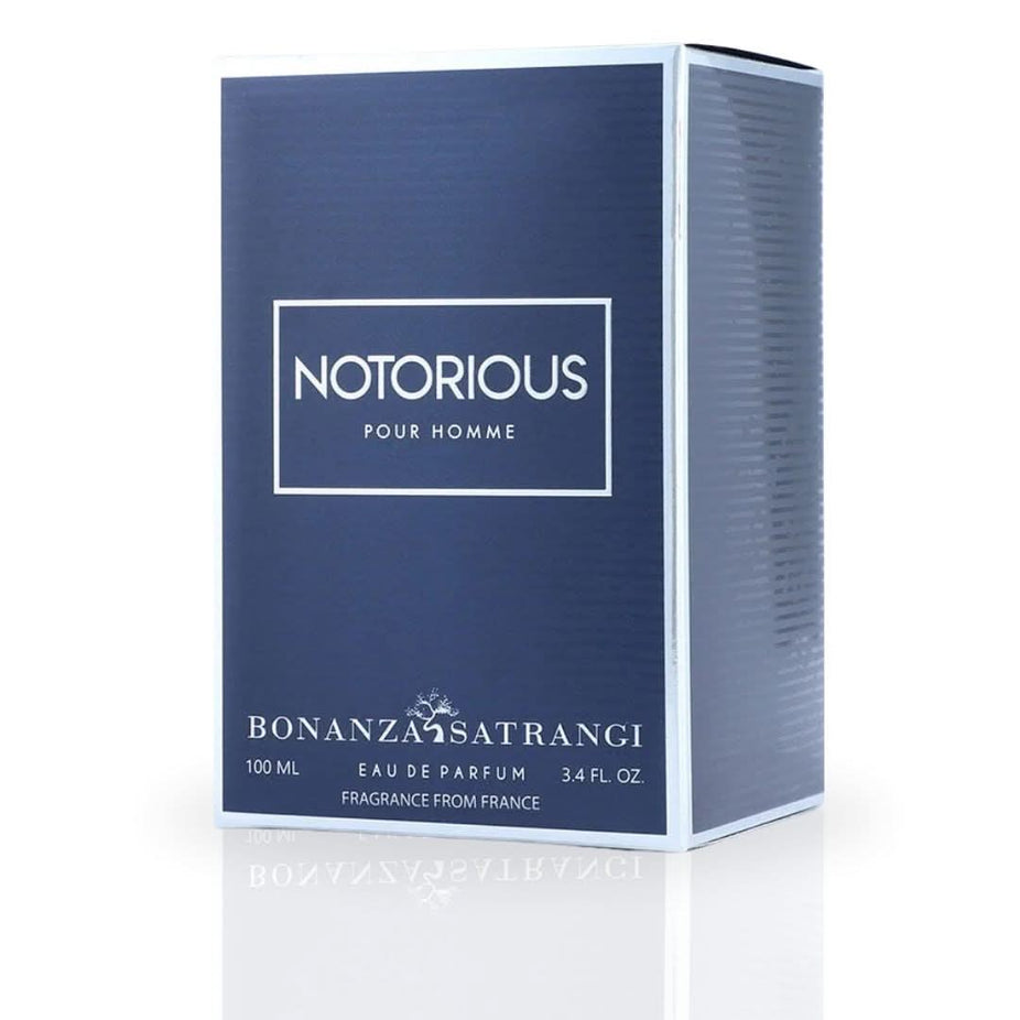 Bonanza Satrangi Notorious Pour Homme EDP spray 100ml bottle displayed with elegant packaging and brand logo.