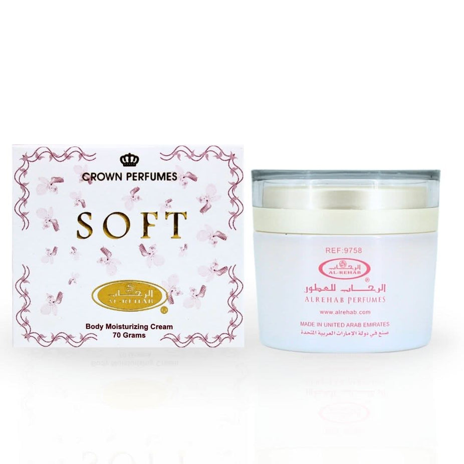 Soft moisturizing body cream by Al Rehab in a 70g jar, creamy texture with smooth application on skin.