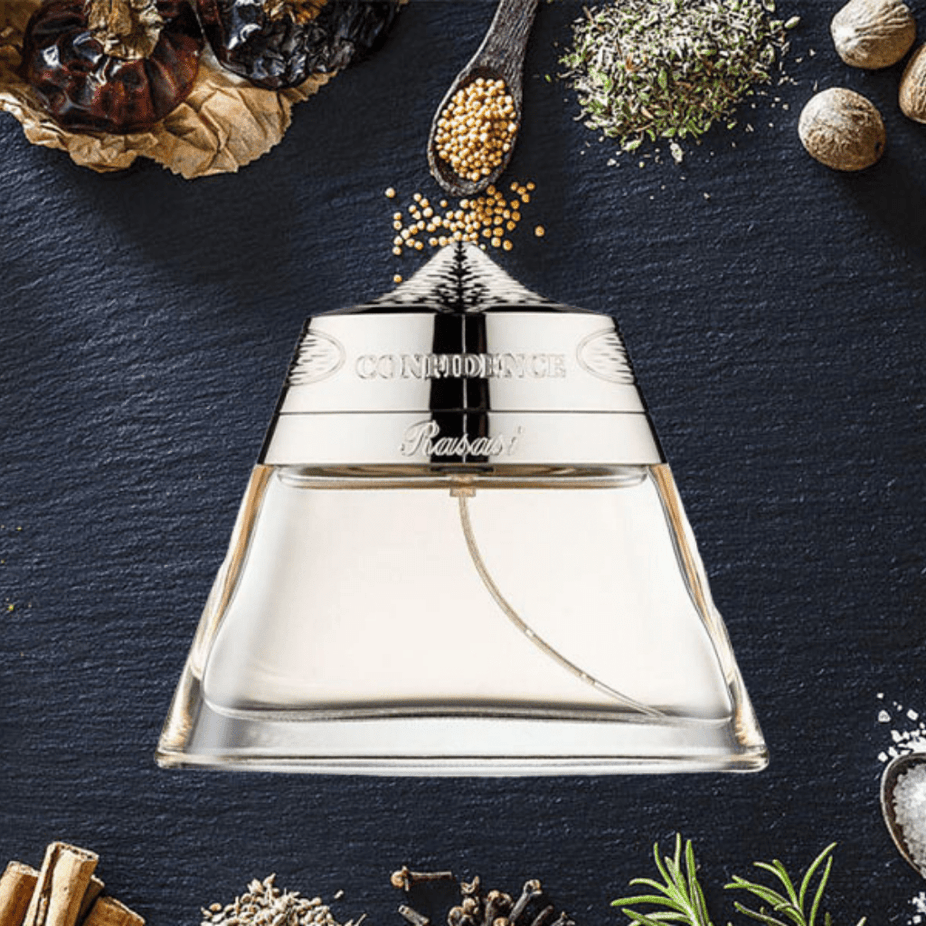 Rasasi Confidence for Men Eau De Parfum 85ML bottle with sleek black and silver packaging, showcasing the fragrance design.