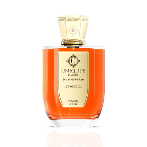 Istanbul Extrait de Parfum 100ml by Unique'e Luxury, elegant glass bottle of EDP perfume with intricate design details.