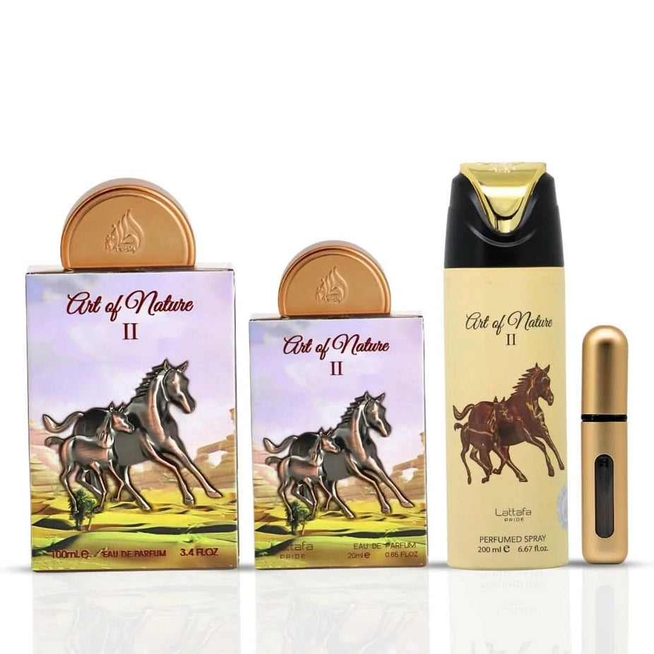 Lattafa Pride Art of Nature II 3-piece perfume gift set with three elegant bottles, perfect for gifting or personal use.