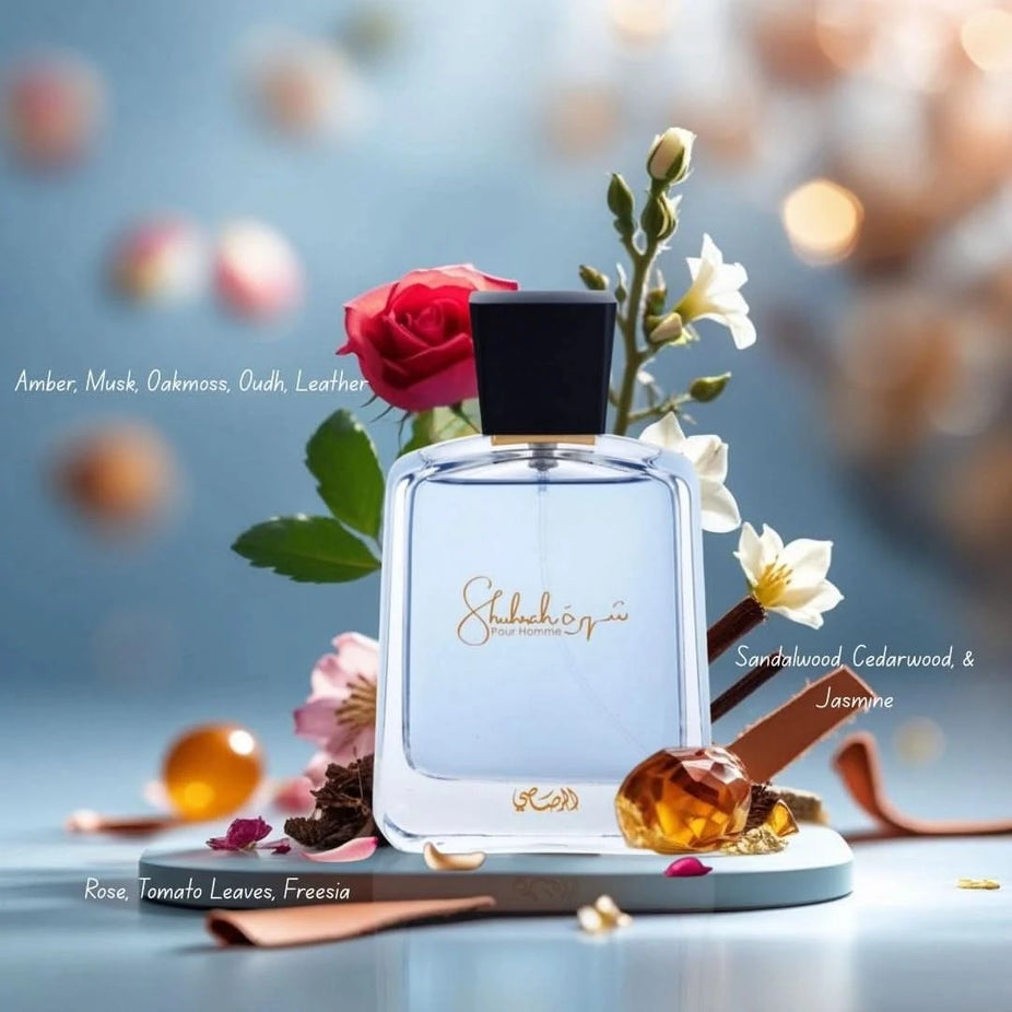 Rasasi Shuhrah Pour Homme and Shuhrah Elixir Eau de Parfum sprays, 90ml bundle, featuring stylish perfume bottles.