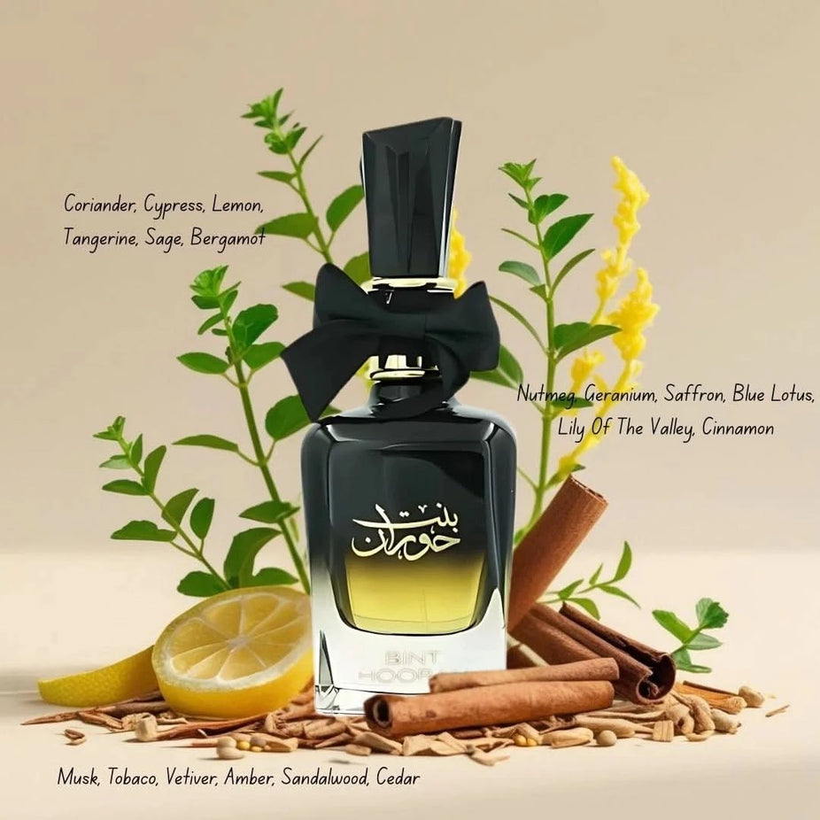 Bundle of Ard Al Zaafaran Bint Hooran and Rose Passion Eau de Parfum sprays, 100ml, featuring floral and oriental fragrance bottles.