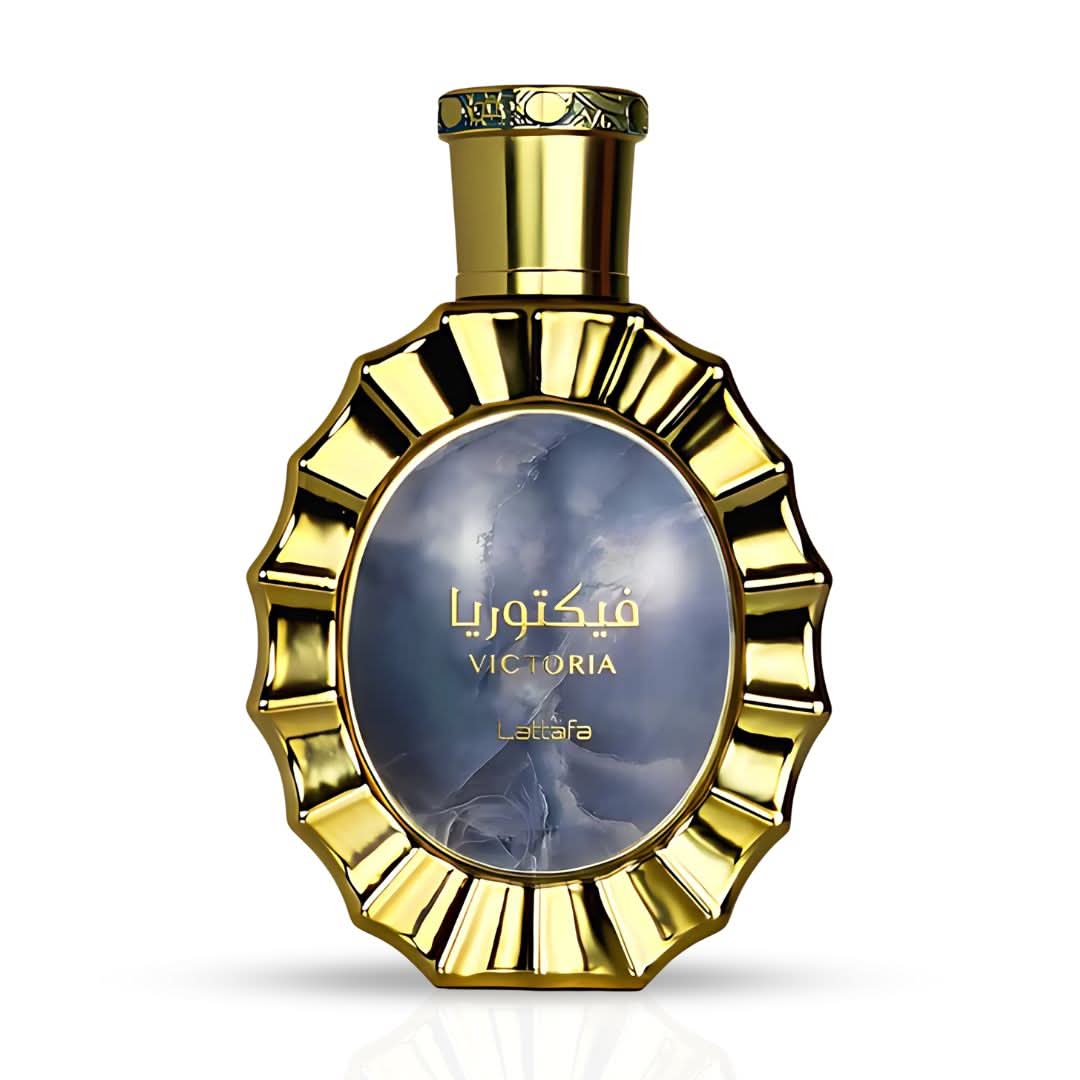 Victoria Eau de Parfum Spray by Lattafa, 100ml bottle in a velvet pouch, elegant perfume with floral and oriental notes.