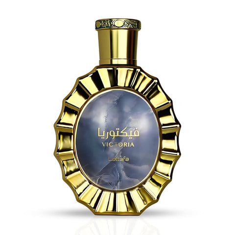 Victoria Eau de Parfum Spray by Lattafa, 100ml bottle in a velvet pouch, elegant perfume with floral and oriental notes.