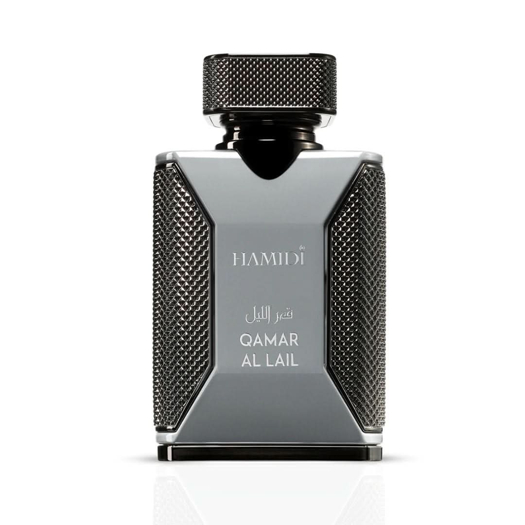 Hamidi Qamar Al Lail Eau de Parfum spray bottle, 100ml, with elegant packaging and perfume cap.